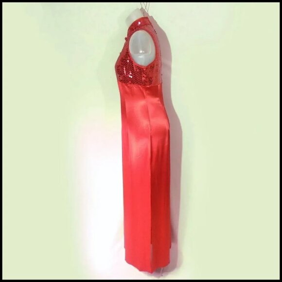 Vintage Red Satin Cheongsam Gown Empire Waist, 40s 50s Style by ZumZum -80s - Picture 3 of 15